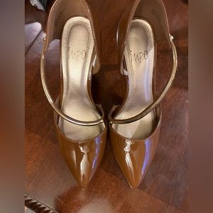New | IMPO  Brown Faux Patent Heels with Gold Embellishment on Strap - Size 6